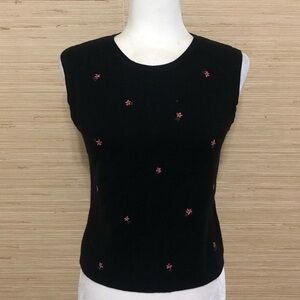 Ann Taylor 100% Italian Merino Wool Black Floral Embroidery Sweater Tank Vest L